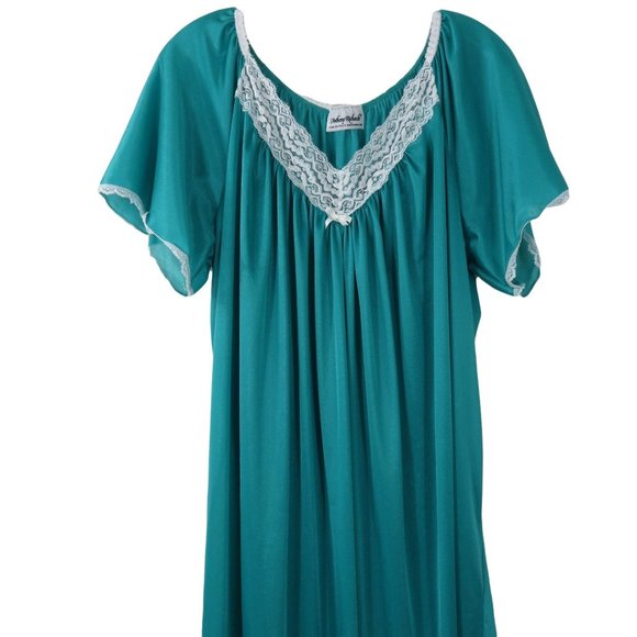 Vintage Anthony Richards Teal Green Nylon Night Gown 2X White Lace Trim - Picture 2 of 10